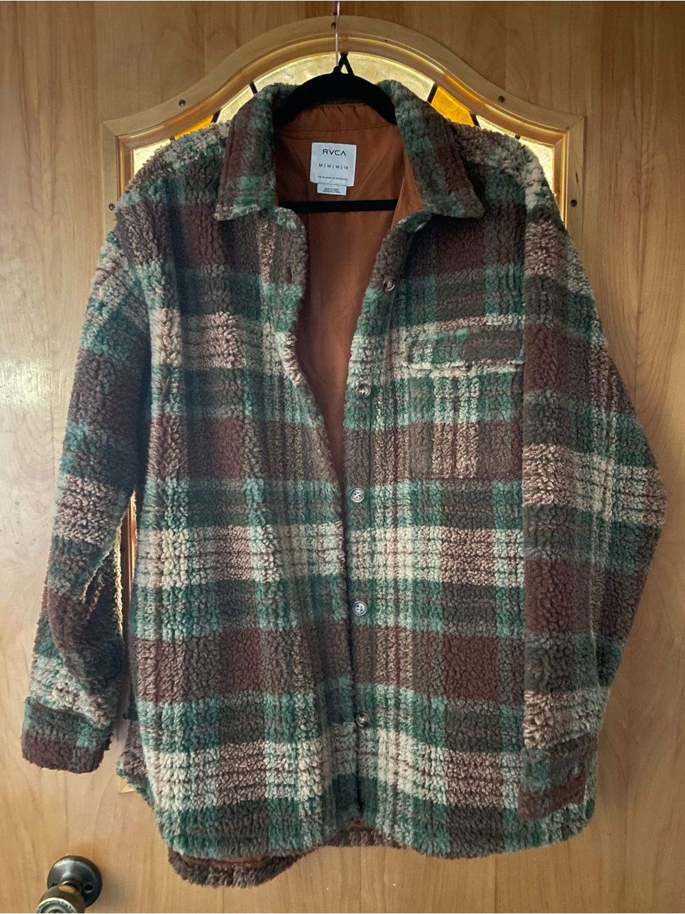 RVCA Plaid Sherpa Shirt Jacket in Green, Brown & Cream